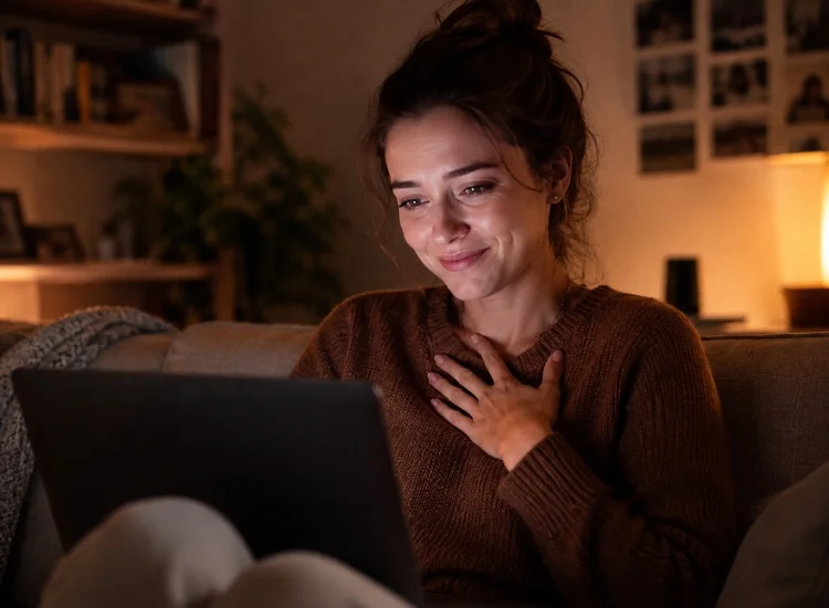 Viewer reacting emotionally while watching video content on a laptop screen