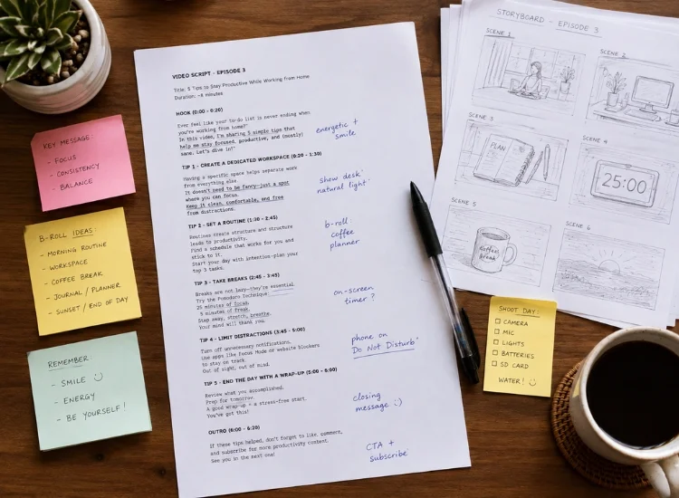Flat lay of a video script, storyboard sketches, and sticky notes used to plan emotional story beats