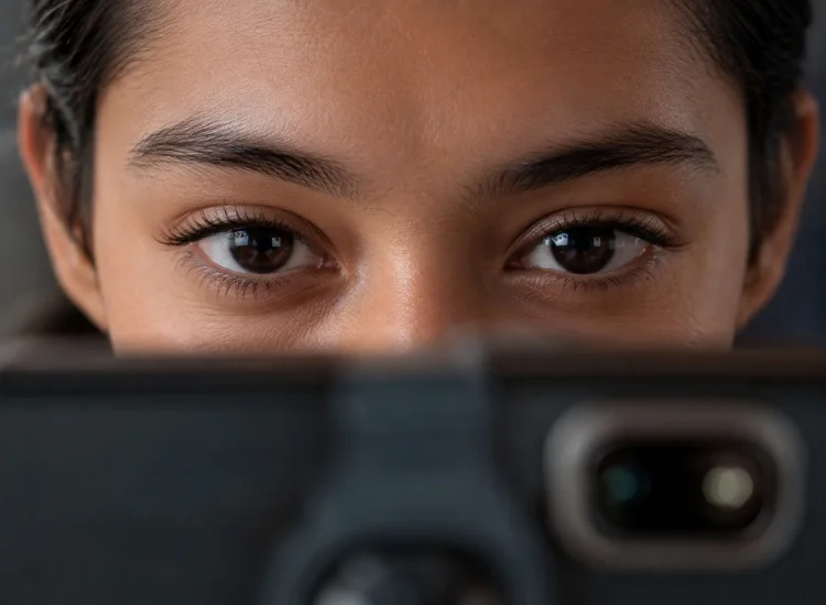 Close-up of a presenter's eyes maintaining direct eye contact through a teleprompter glass reflecting the camera lens