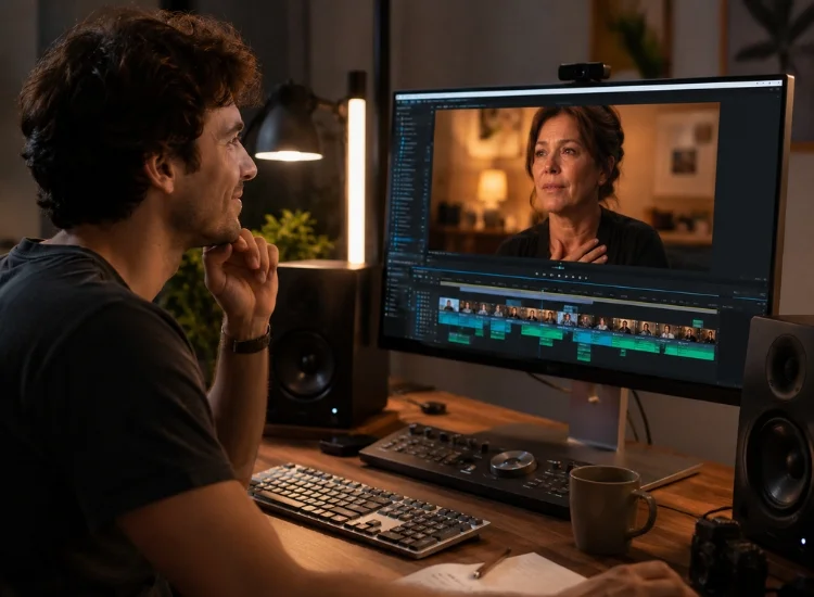 Video creator reviewing emotional scene playback on a monitor after recording