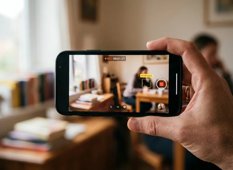 Close-up of iPhone screen showing AE/AF lock during video recording