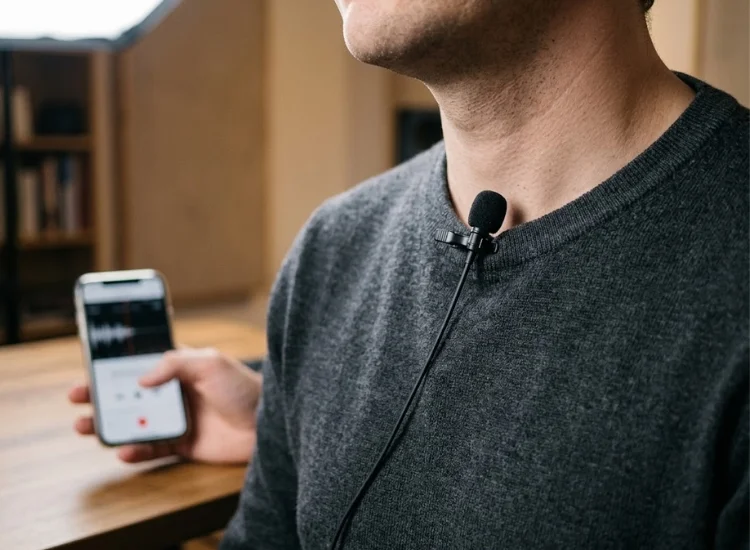 Lavalier microphone clipped to shirt for iPhone video recording