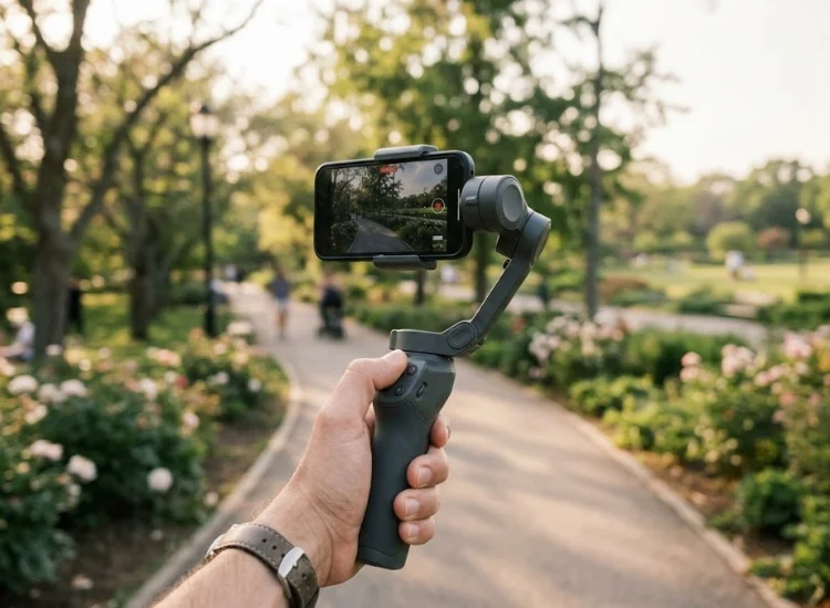 Smartphone mounted on handheld gimbal stabilizer for video filming