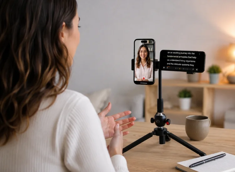 Creator reading script from teleprompter app positioned next to iPhone camera lens