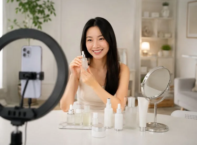 content creator filming a product endorsement for Instagram Reel