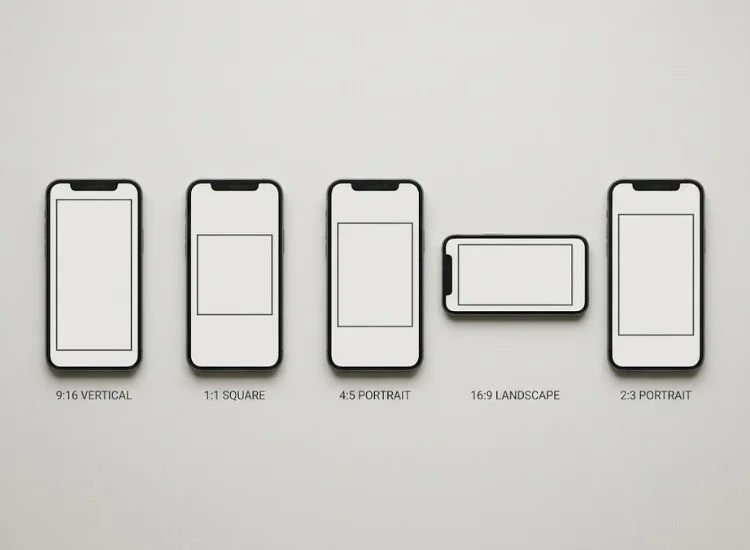 Comparison chart of social media video aspect ratios including 9:16, 1:1, 4:5, and 16:9