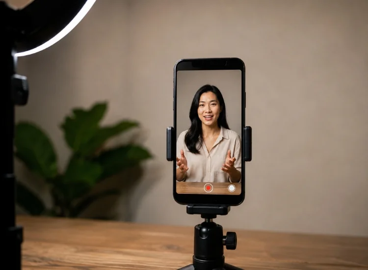 Smartphone mounted on tripod recording vertical 9:16 video for TikTok and Reels
