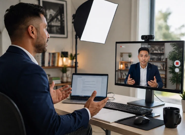 Professional recording landscape 16:9 video for LinkedIn at a desk setup