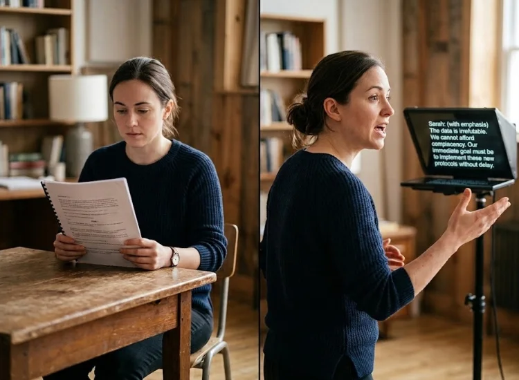 Split comparison of silently reading a script versus speaking it aloud during rehearsal