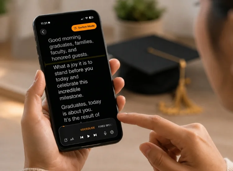 Close-up of a teleprompter app interface showing scroll speed and voice-following settings