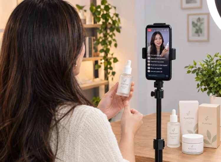 Host demonstrating a product during a live commerce shopping stream