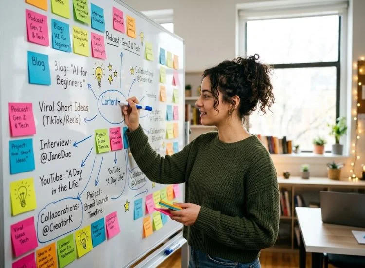 Creator brainstorming a specific YouTube niche on a whiteboard covered in content ideas and sticky notes