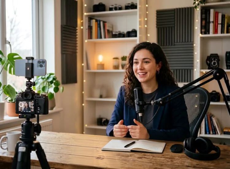 Content creator filming content in a home studio to grow YouTube channel