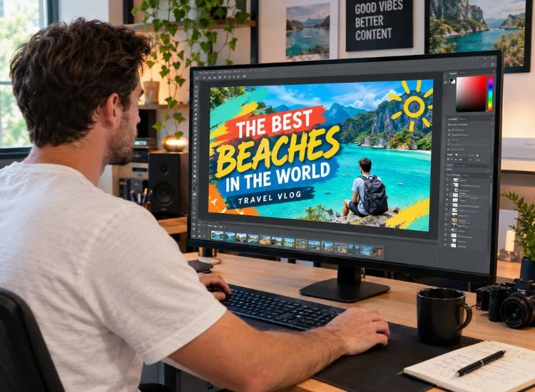Creator editing a bold, high-contrast video thumbnail in design software on a widescreen monitor