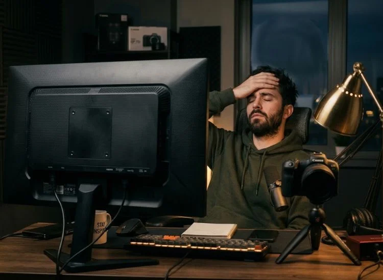 Exhausted content creator resting head on desk beside camera and recording equipment