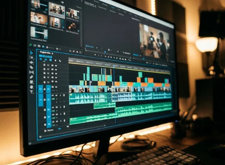 Video editing timeline showing digital video content clips and audio waveforms on a monitor