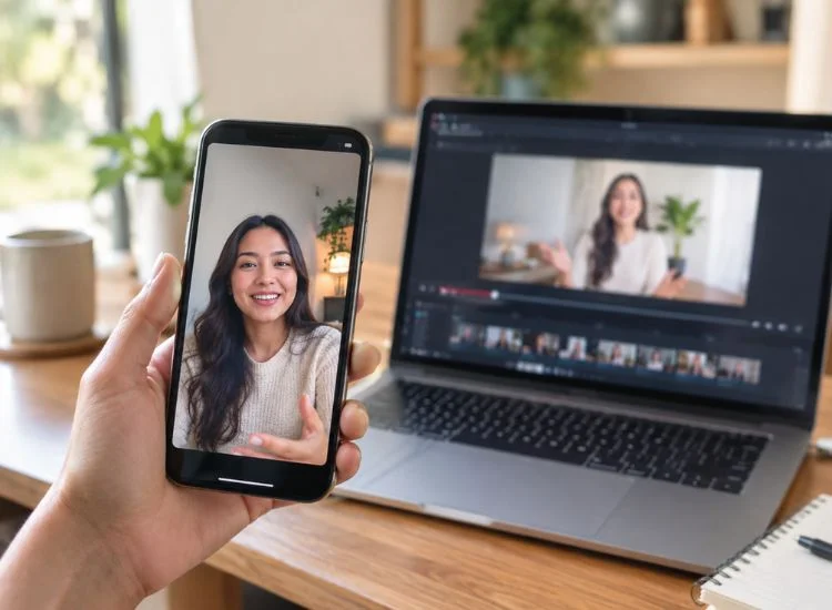 Smartphone showing vertical short-form video next to a laptop displaying horizontal video, representing digital video content formats
