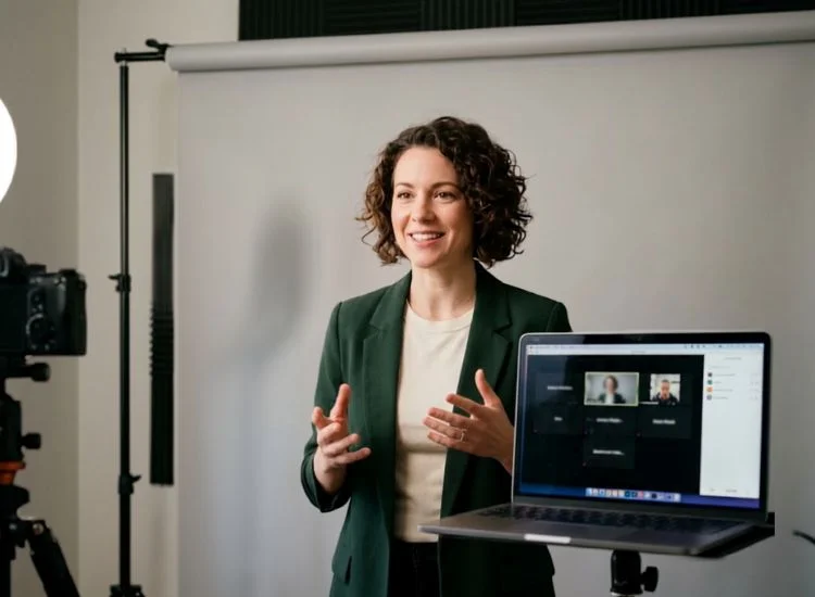 Presenter recording a webinar-style digital video content session in front of a simple backdrop