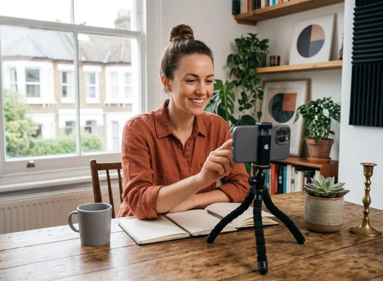 Creator filming digital video content with a smartphone and mini tripod using natural window light