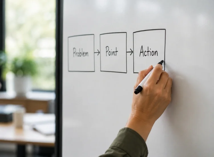 Hand sketching a presentation outline structure on a whiteboard before building slides