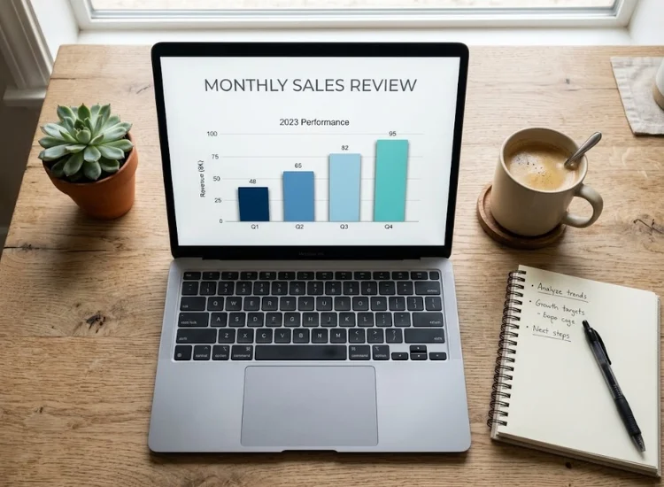 Laptop screen displaying a clean minimal slide with a single chart during presentation prep