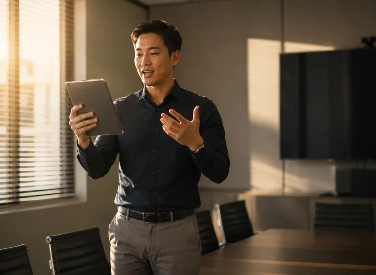 Professional rehearsing a business presentation aloud while reading from a script on a tablet