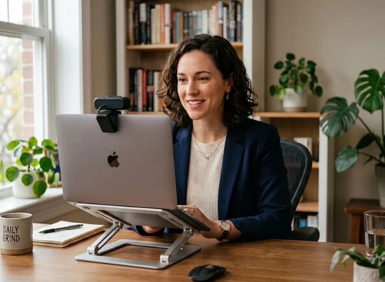 Professional maintaining eye contact with the webcam during an online presentation instead of looking down at notes