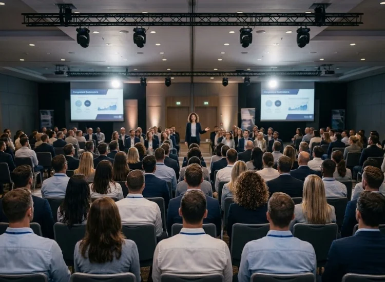 Speaker maintaining eye contact and open body language while addressing a business audience