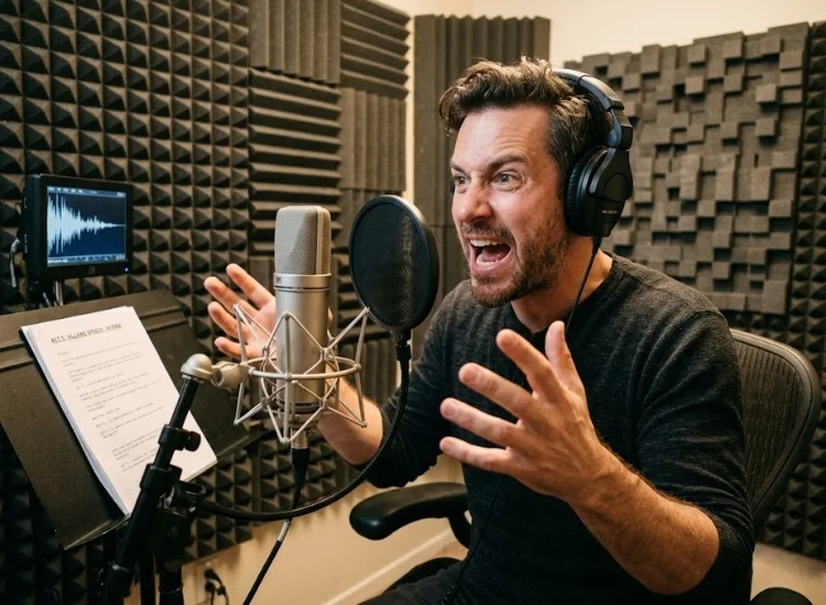 Voice actor performing a character with emotional expression inside a sound recording booth