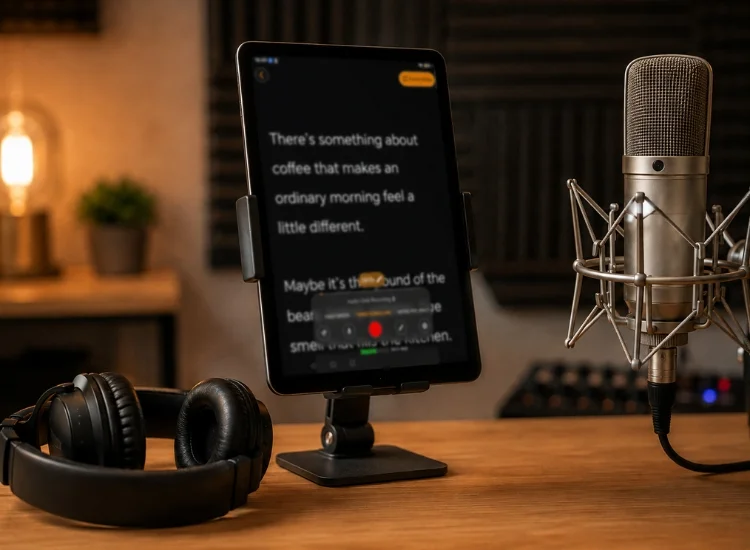 Tablet displaying a scrolling script next to a microphone during an audio recording session