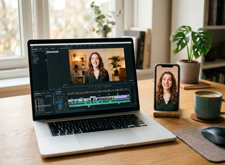 Video editor on a laptop exporting an Instagram Reel at 1080 x 1920 as MP4 with H.264 at 30 fps