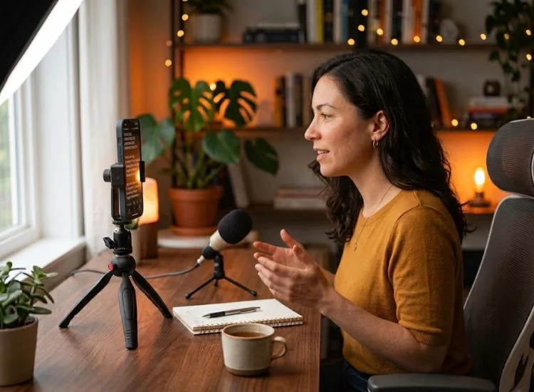 Creator recording a vertical Instagram Reel while reading a script from a teleprompter app