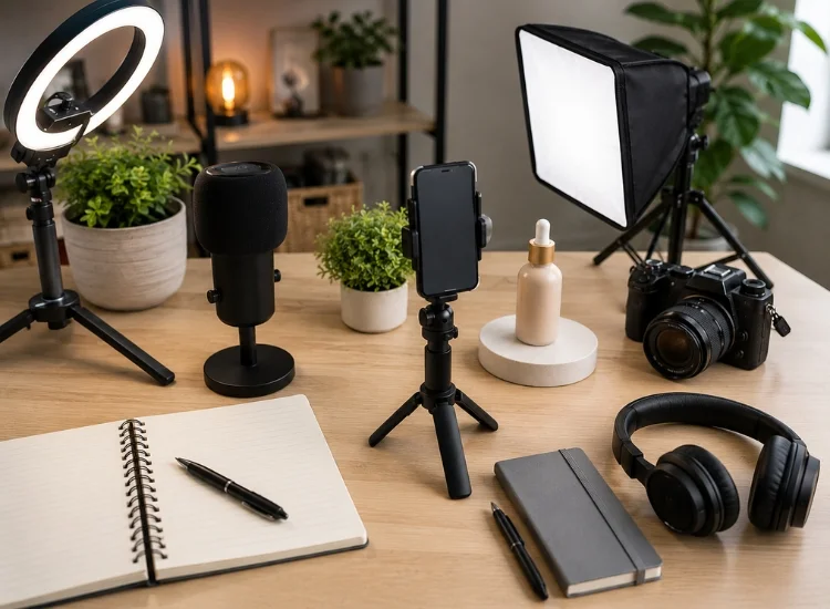 Creator recording a sponsored video with a camera, teleprompter, and product setup