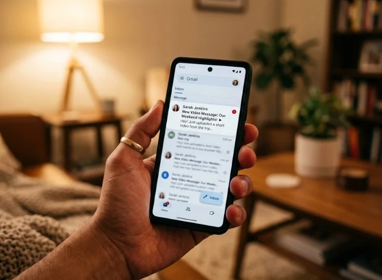 Person checking phone notification for a video email reply, showing engagement