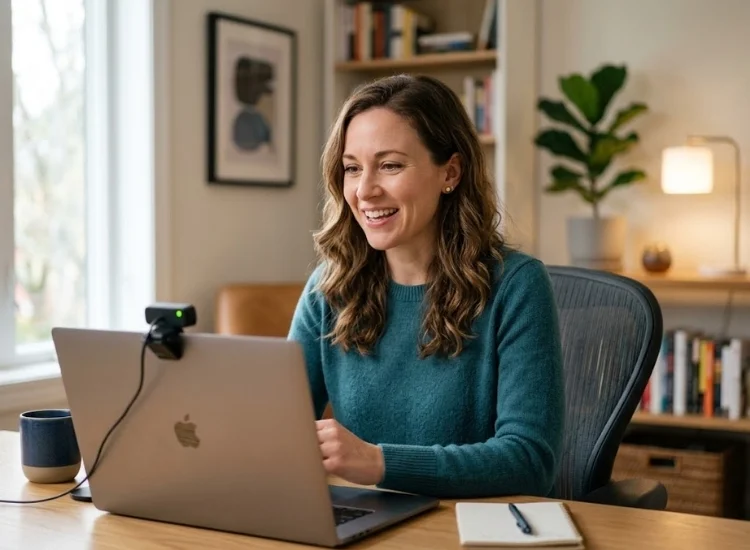Professional recording a personalized video email message at a laptop webcam