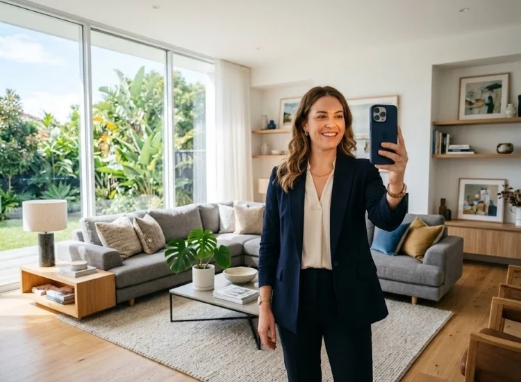 Real estate agent recording a personalized video email on a smartphone inside a home