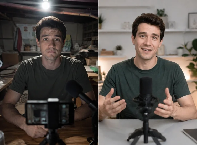 Side-by-side comparison of an awkward video recording setup versus a natural, well-lit one