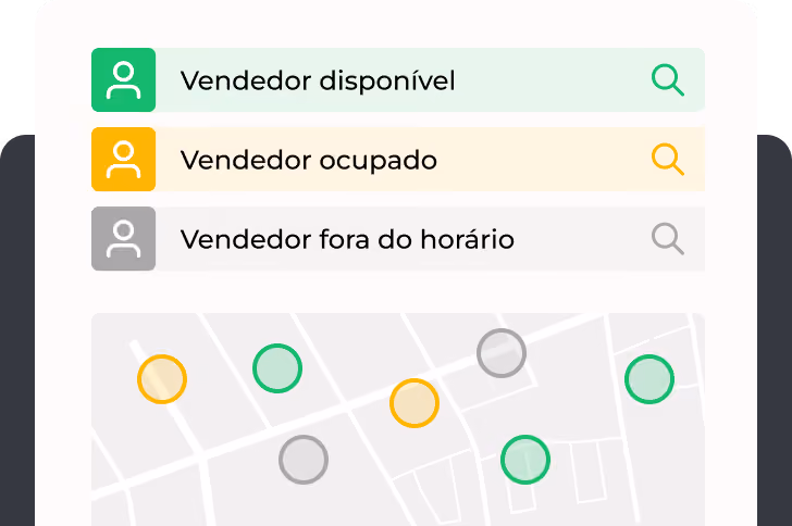 Aplicativo do Checkmob com mapa das visitas e vendedores disponíveis, ocupados ou fora do horário