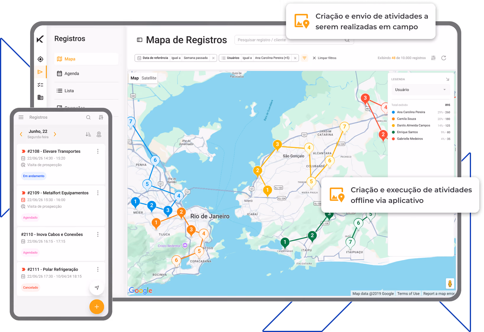 Tela do Checkmob de mapa de registros com rastreabilidade e geolocalização das inspeções em campo