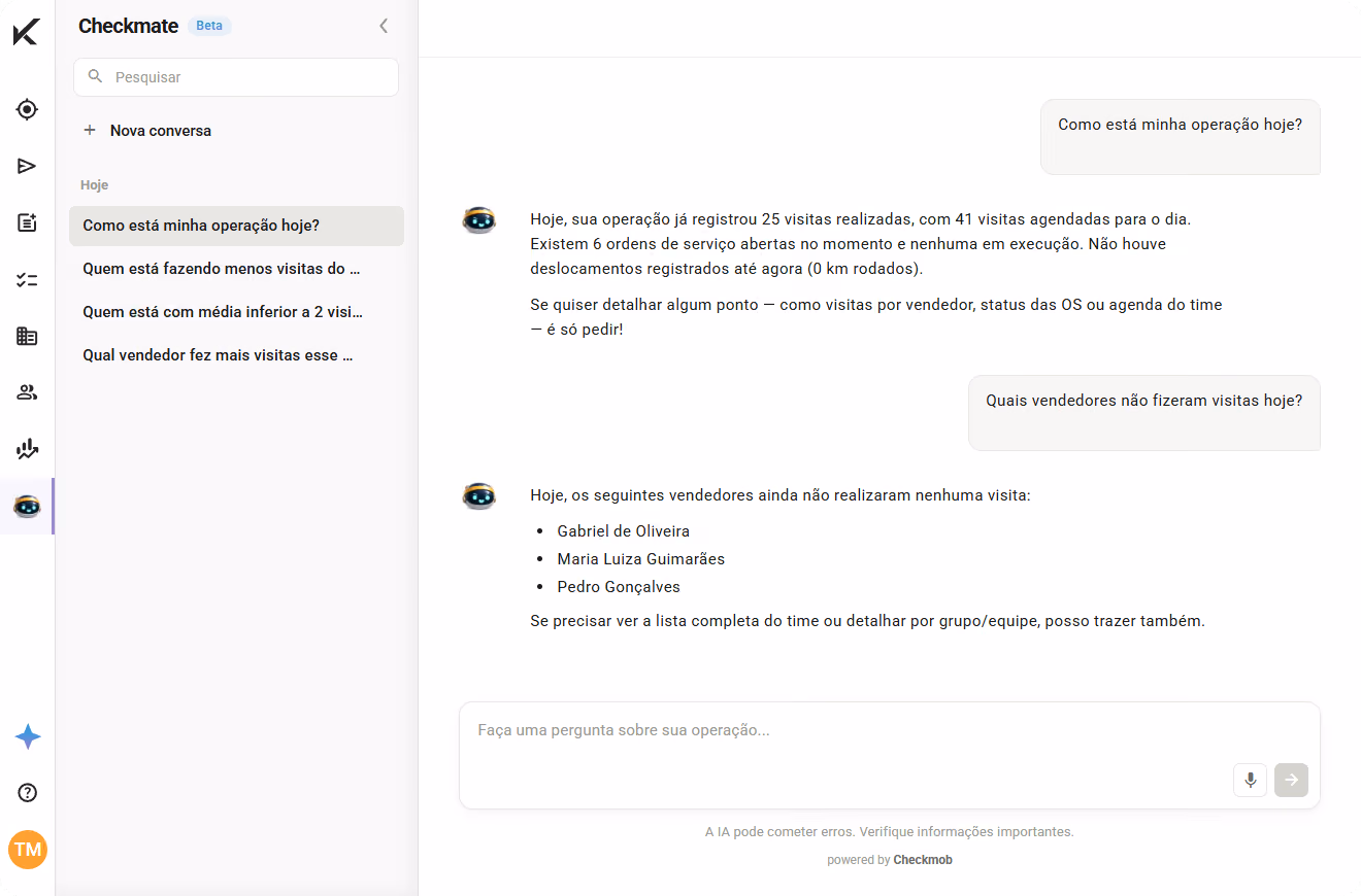 Interface do Checkmate mostrando operações e visitas de vendedores no dia.
