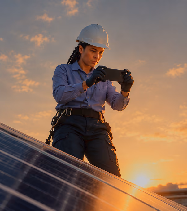 Funcionaria da companhia de energia trabalhando em paineis solares.