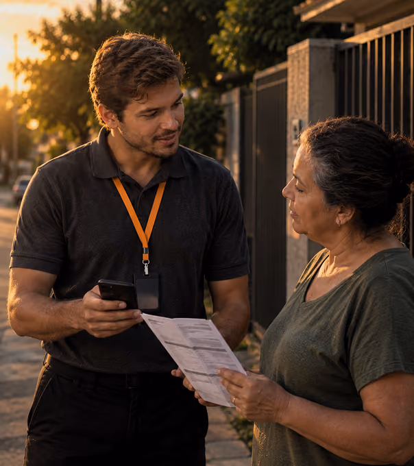 Funcionário da empresa de energia auxiliando um cliente.