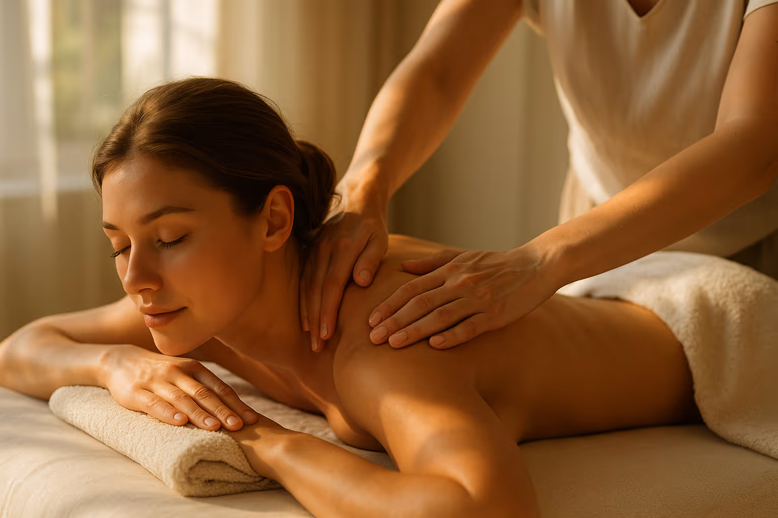 Registered massage therapist working on a client's upper back