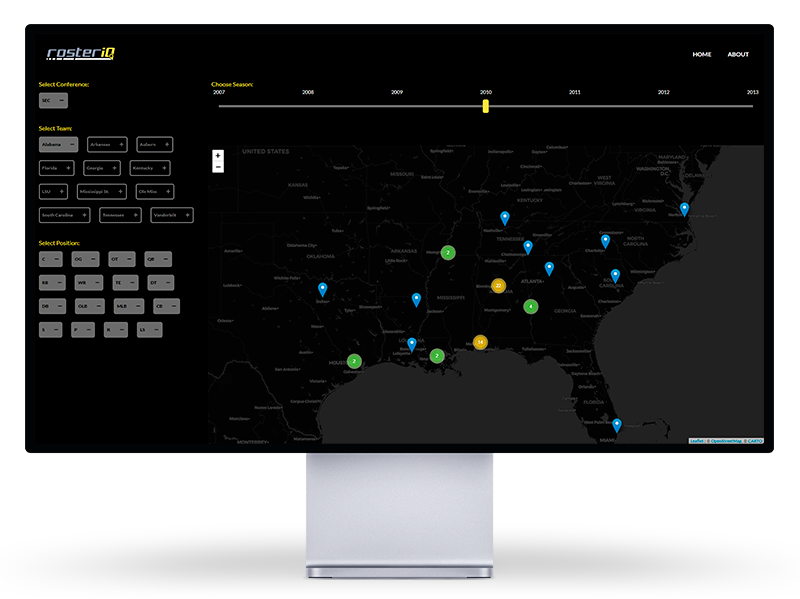 The RosterIQ athlete map visualizer displayed on an Apple Pro Display XDR mockup.