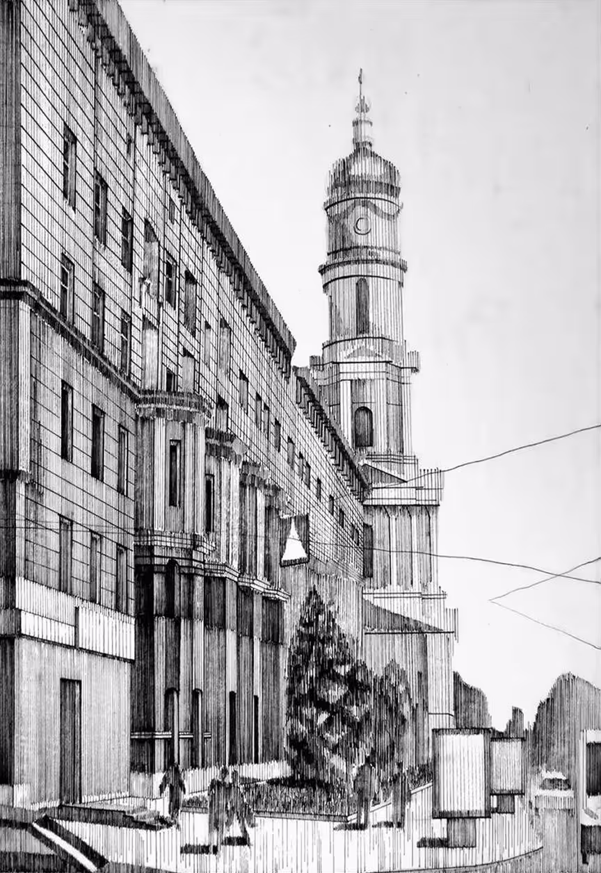 Black and white sketch of a city street featuring a large building with columns and a tall clock tower in the background, with trees and people walking.