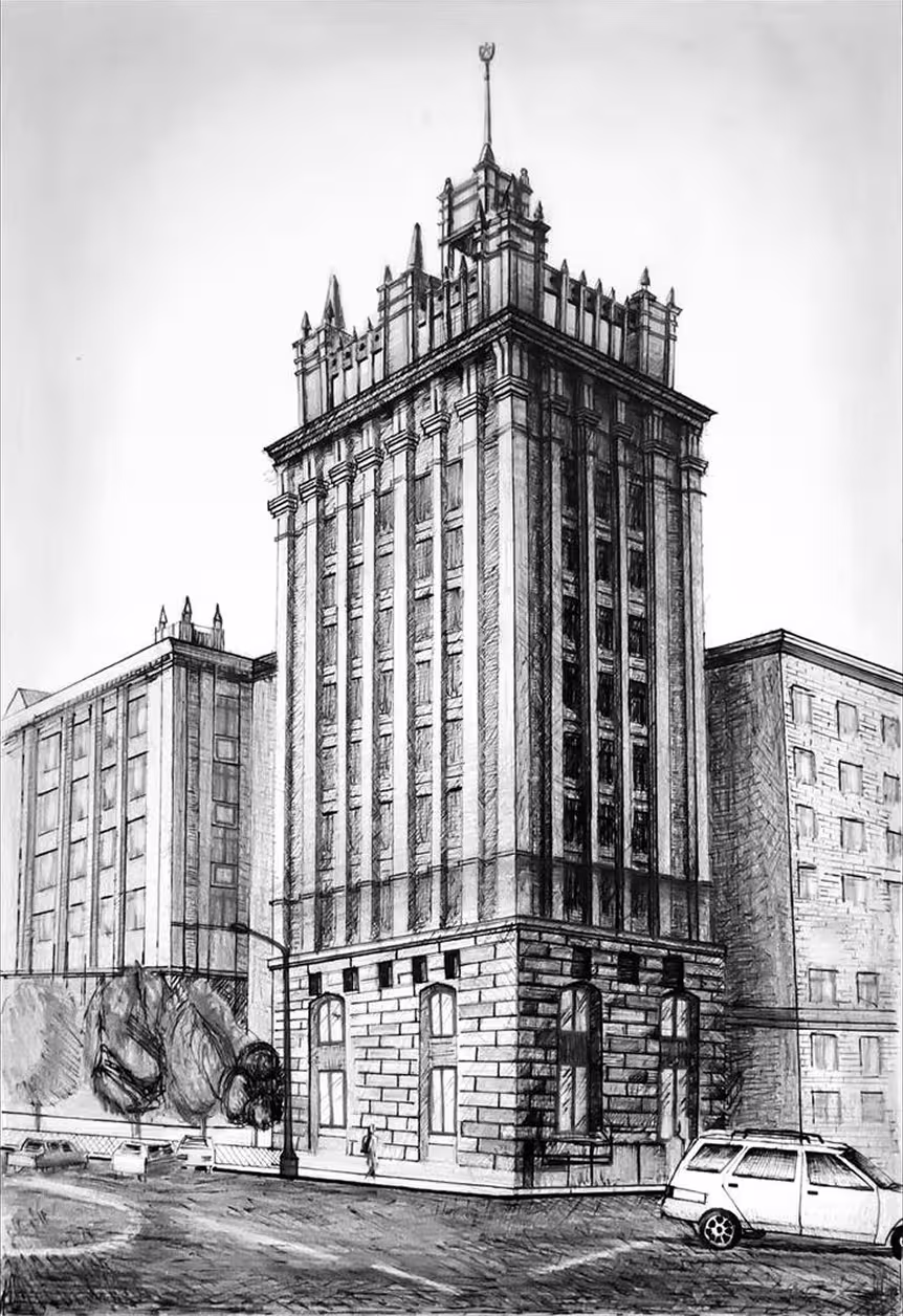 Black and white sketch of a tall, ornate multi-story building with detailed architecture surrounded by other buildings and parked cars.