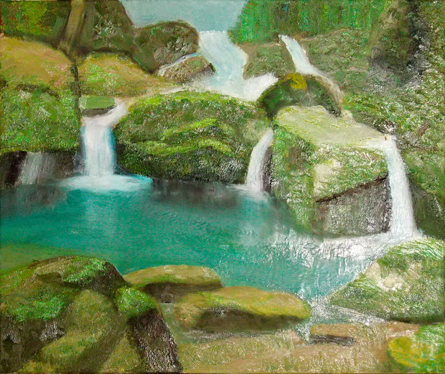 Painting of a serene turquoise pond surrounded by moss-covered rocks with multiple small waterfalls flowing into it.