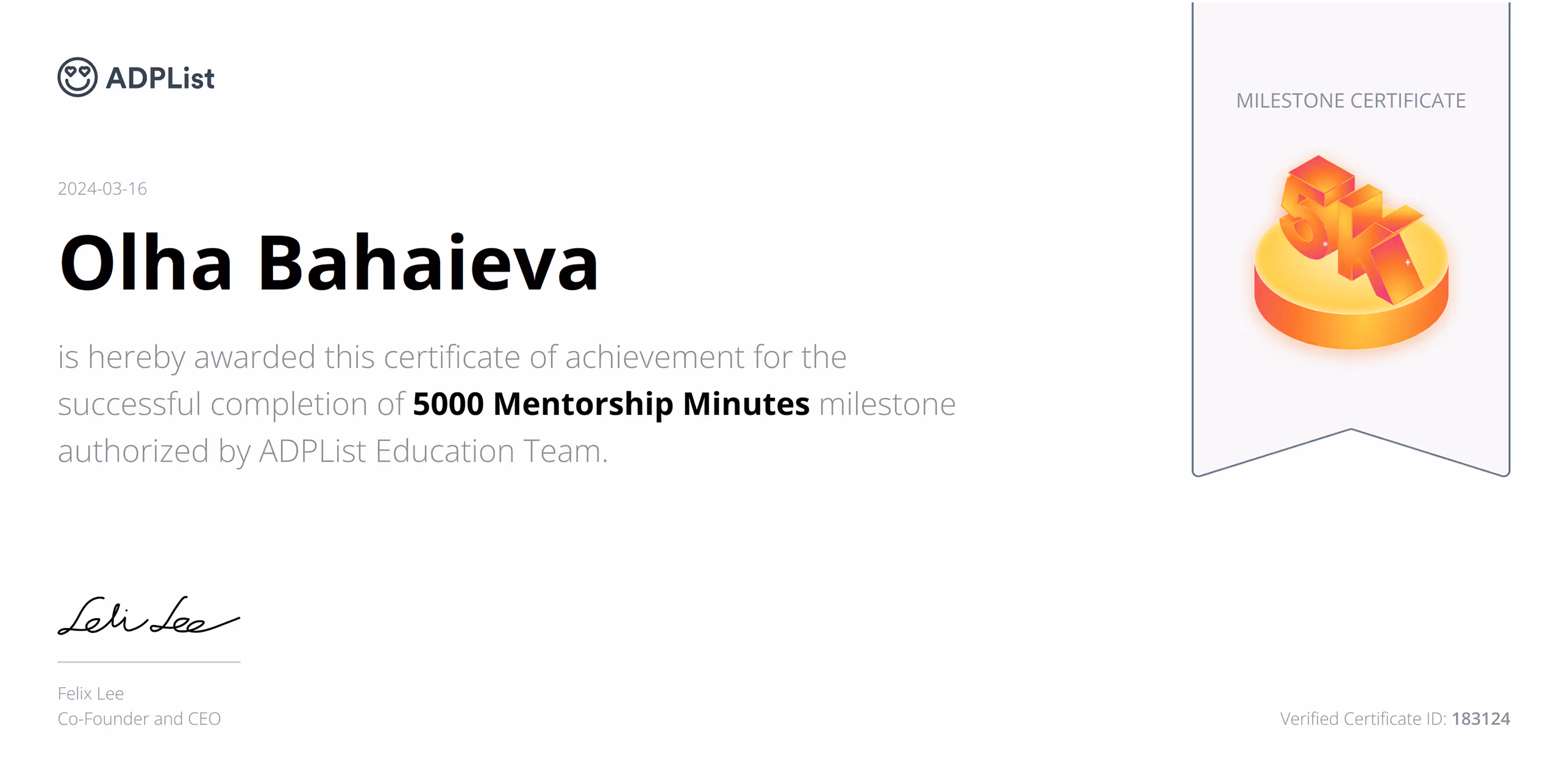Certificate awarded to Olha Bahaieva for completing 5000 Mentorship Minutes, signed by Felix Lee, Co-Founder and CEO of ADPList.