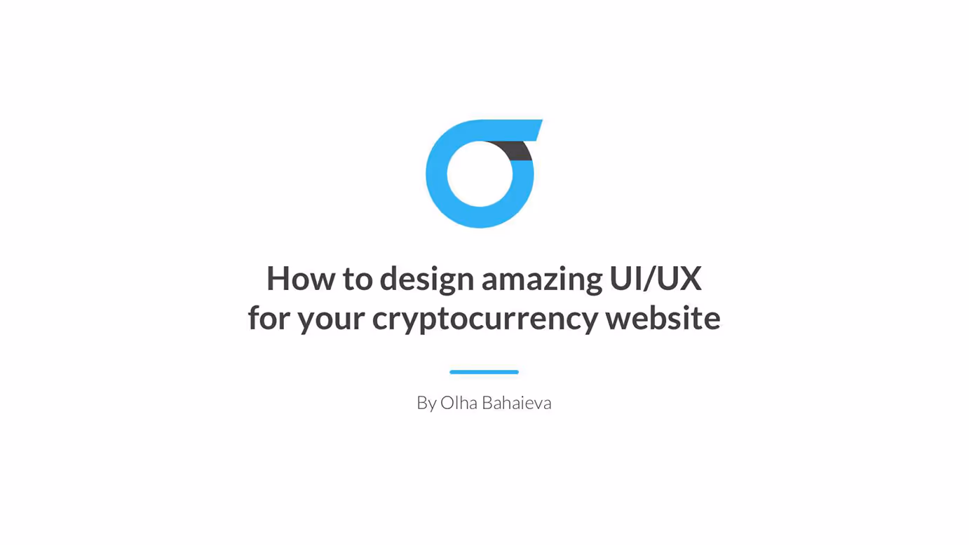 Title slide of a presentation with a blue circular logo and the text 'How to design modern ICO website using Sketch' by Olha Bahaieva.