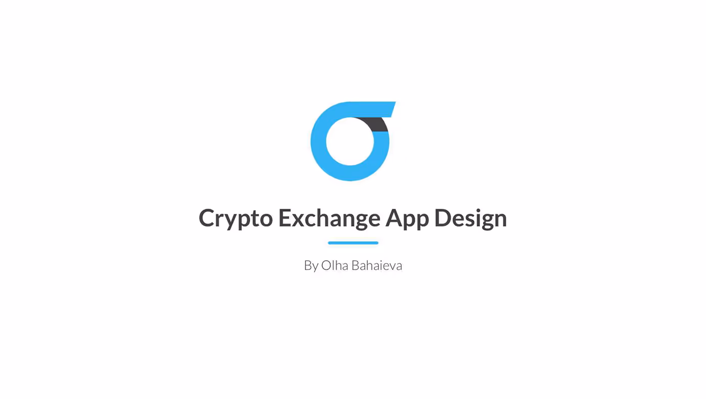 Title slide of a presentation reading 'Crypto Exchange App Design' by Olha Bahaieva with a blue and black circular logo above it.